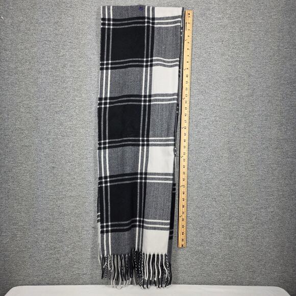 BANANA REPUBLIC UNISEX BLACK PLAID WOOL BLEND BLANKET SCARF – 80" × 24", FRINGED - Picture 7 of 8